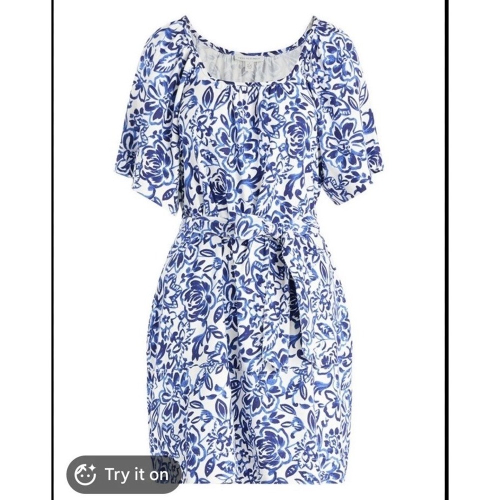 Free Assembly Blue/White Floral Square Neck Tie Waist Mini Dress Puff Sleeve S